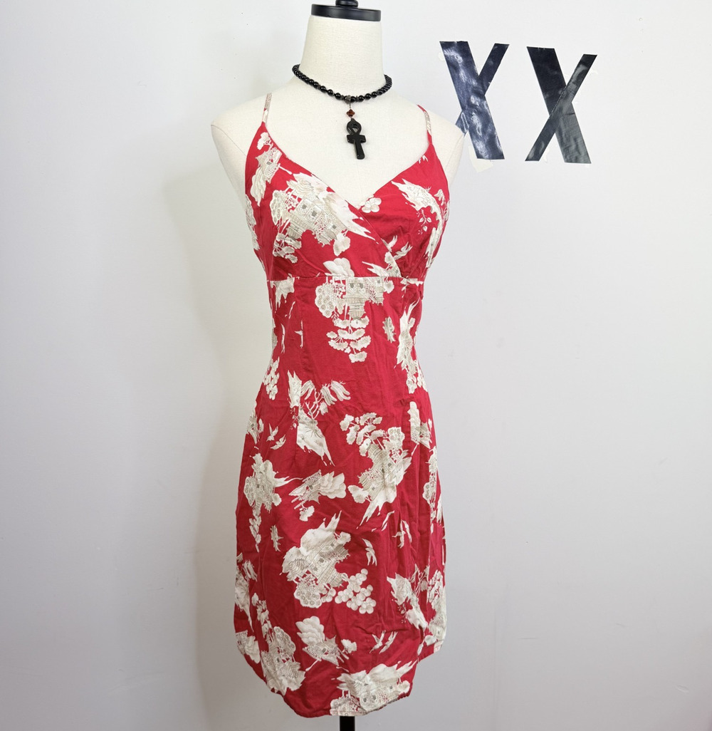 Y2K Red Asian Inspired Floral Cotton Faux Wrap Slip Dress Midi Jr 11/13